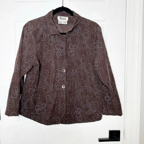 FLAX Size S Brown Corduroy Collared Lightweight Jacket Blue Embroidered‎ Floral - Picture 1 of 6